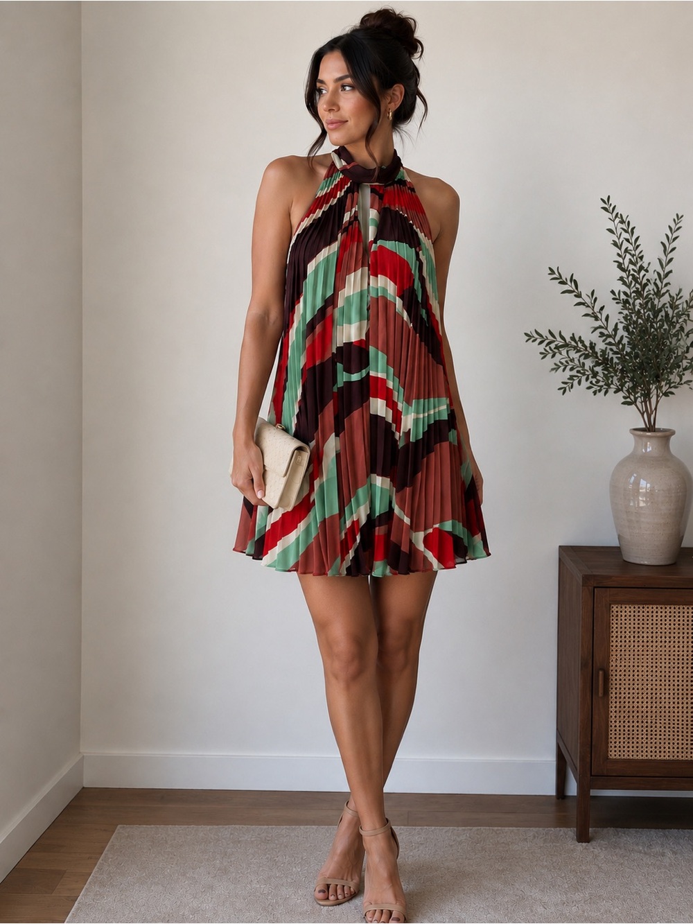 Anthropologie Pleated Halter Mini Dress in Red, Green & Brown